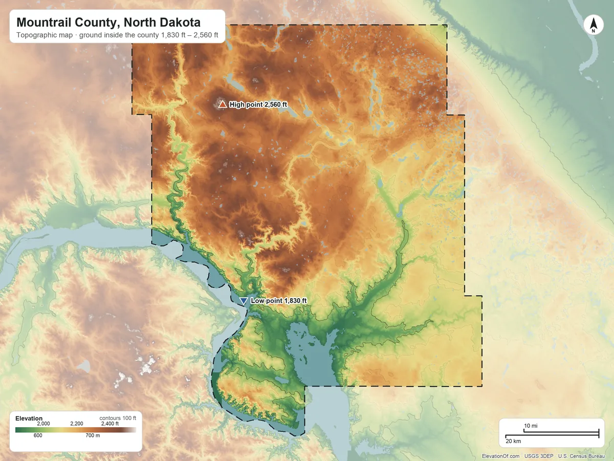Topographic elevation map of Mountrail County, North Dakota, shaded from 1,830 ft on the southwest side to 2,560 ft on the northwest side