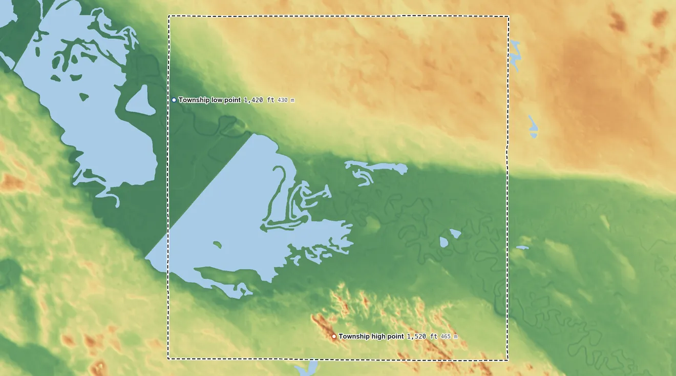 Topographic elevation map of Mouse River Township, North Dakota, shaded from 1,420 ft on the west side to 1,520 ft on the south side
