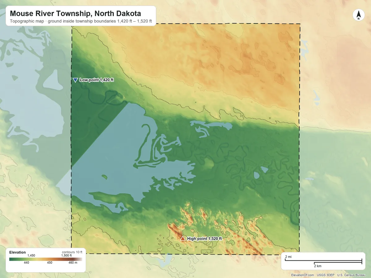 Topographic elevation map of Mouse River Township, North Dakota, shaded from 1,420 ft on the west side to 1,520 ft on the south side