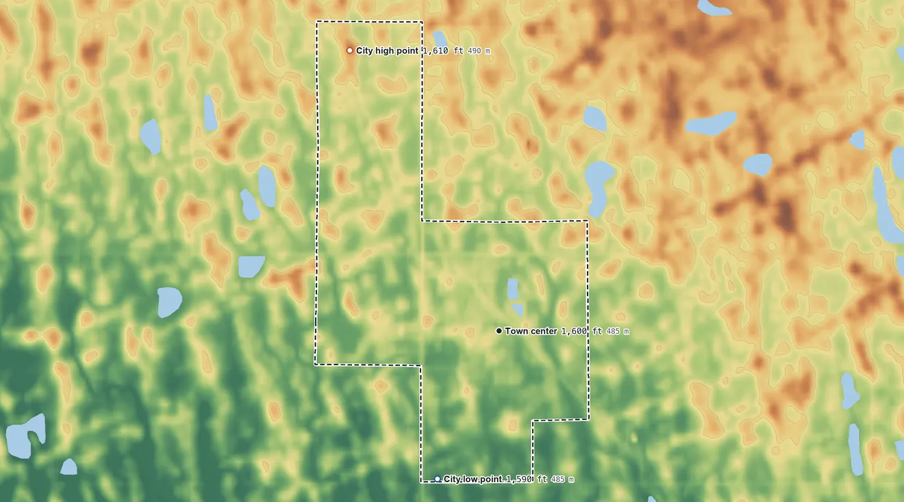 Topographic elevation map of Munich, North Dakota, shaded from 1,590 ft on the southwest side to 1,610 ft on the northwest side