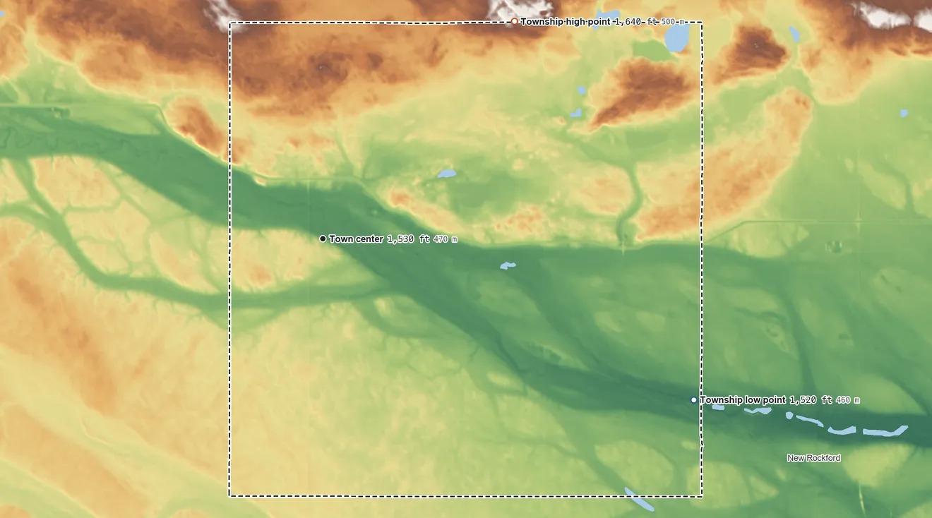 Topographic elevation map of Munster Township, North Dakota, shaded from 1,520 ft on the southeast side to 1,640 ft on the northeast side