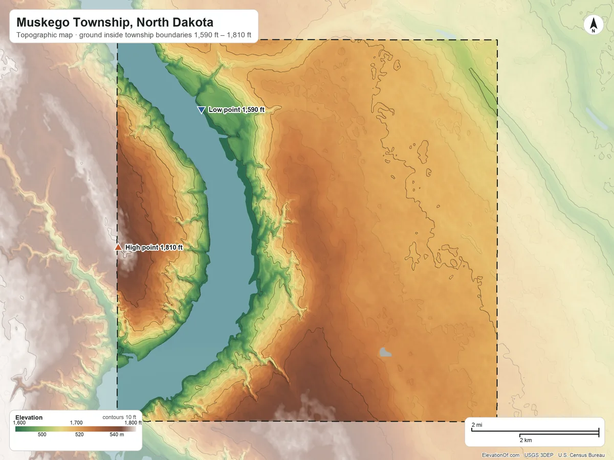 Topographic elevation map of Muskego Township, North Dakota, shaded from 1,590 ft on the northwest side to 1,810 ft on the west side