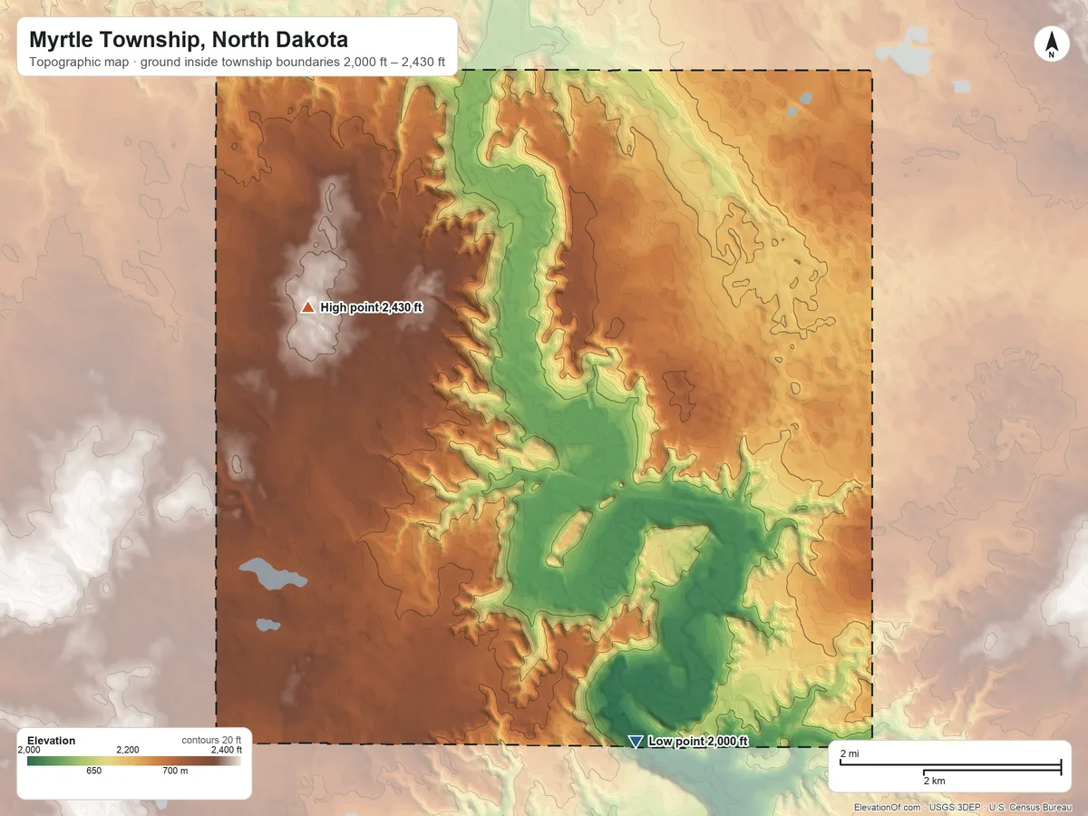 Topographic elevation map of Myrtle Township, North Dakota, shaded from 2,000 ft on the south side to 2,430 ft on the southwest side
