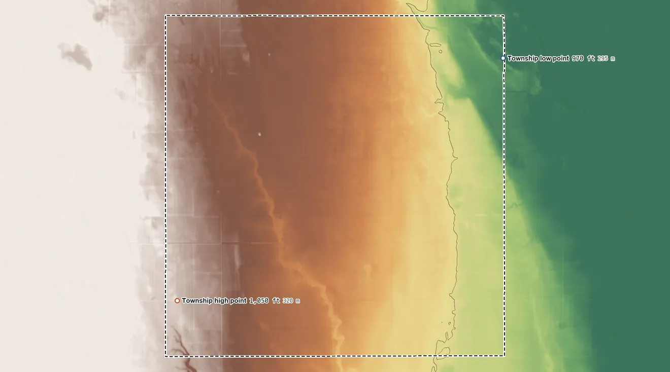 Topographic elevation map of Nansen Township, North Dakota, shaded from 970 ft on the northeast side to 1,050 ft on the southwest side