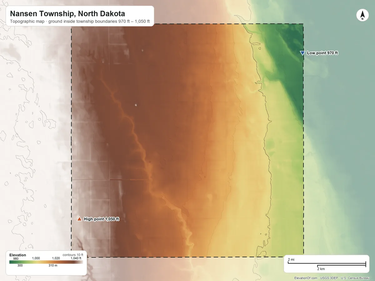 Topographic elevation map of Nansen Township, North Dakota, shaded from 970 ft on the northeast side to 1,050 ft on the southwest side