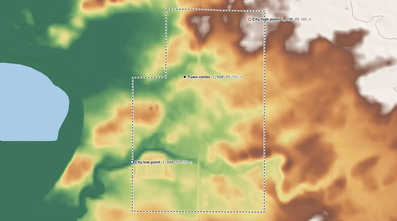 Topographic elevation map of Napoleon, North Dakota, shaded from 1,940 ft on the southwest side to 1,990 ft on the northeast side
