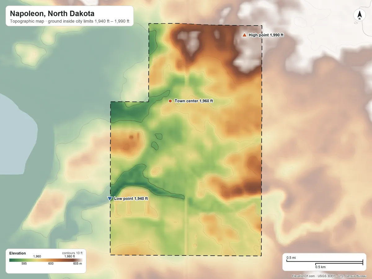 Topographic elevation map of Napoleon, North Dakota, shaded from 1,940 ft on the southwest side to 1,990 ft on the northeast side