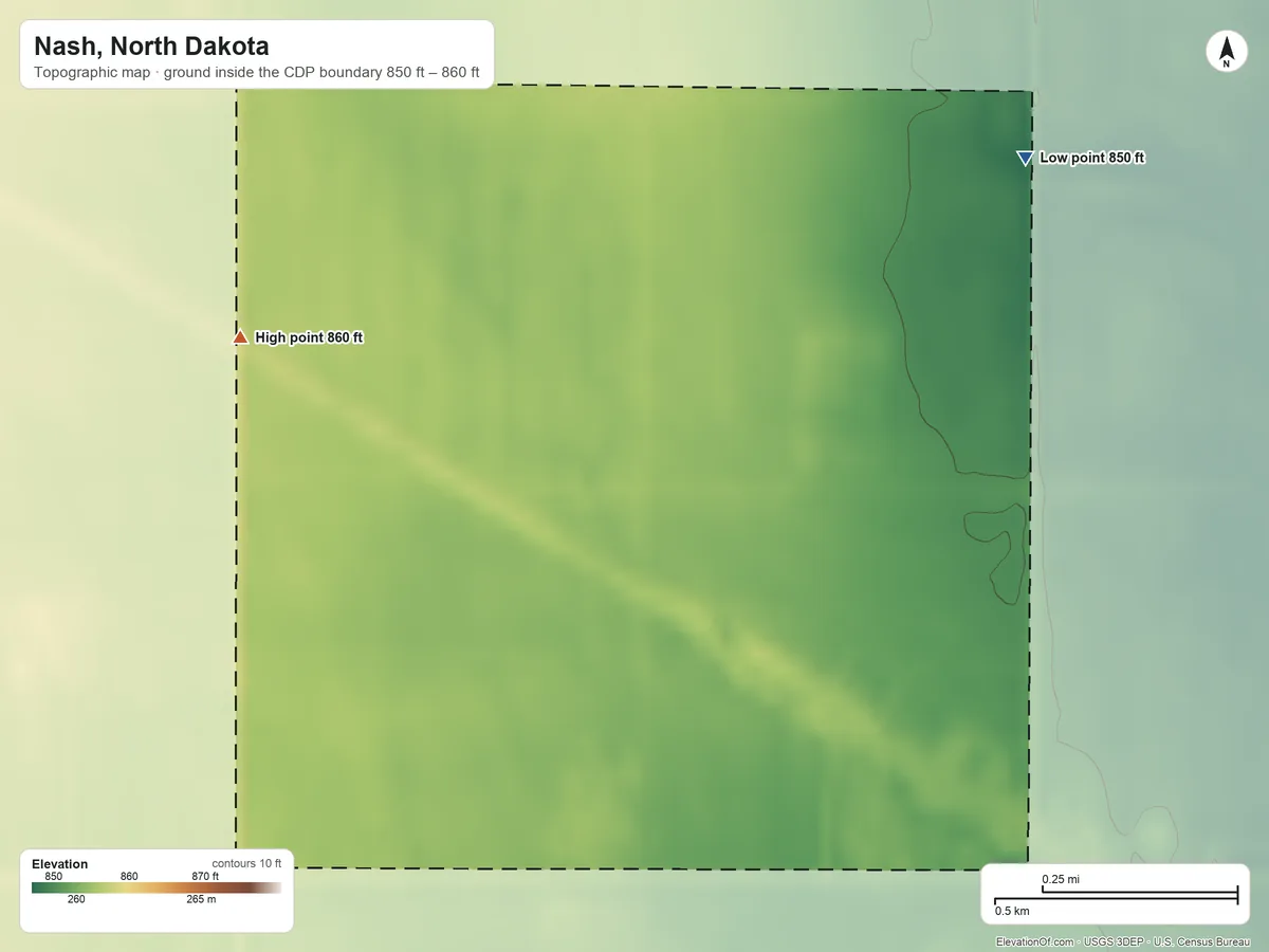 Topographic elevation map of Nash, North Dakota, shaded from 850 ft on the north side to 860 ft on the northwest side