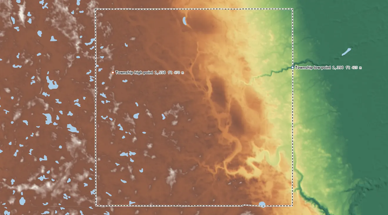 Topographic elevation map of Nash Township, North Dakota, shaded from 1,390 ft on the east side to 1,550 ft on the northwest side