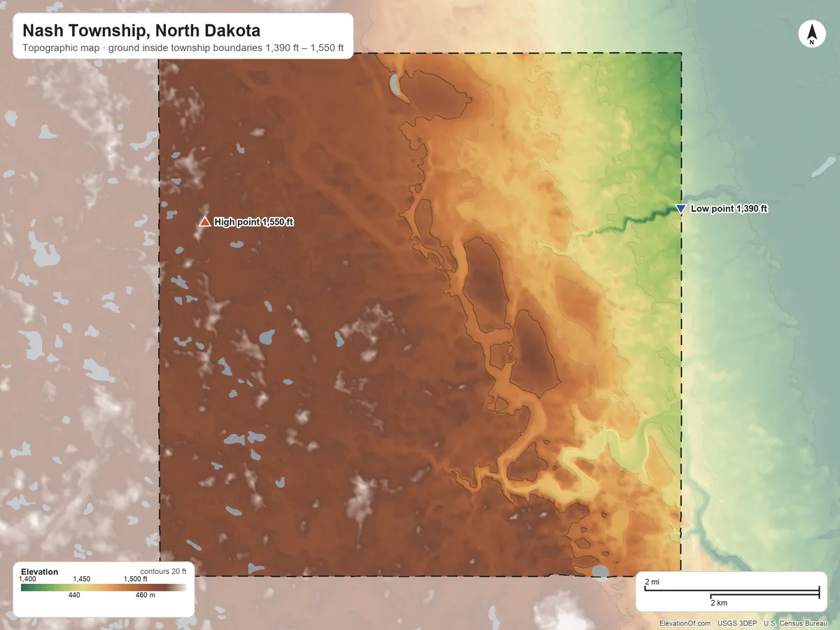 Topographic elevation map of Nash Township, North Dakota, shaded from 1,390 ft on the east side to 1,550 ft on the northwest side