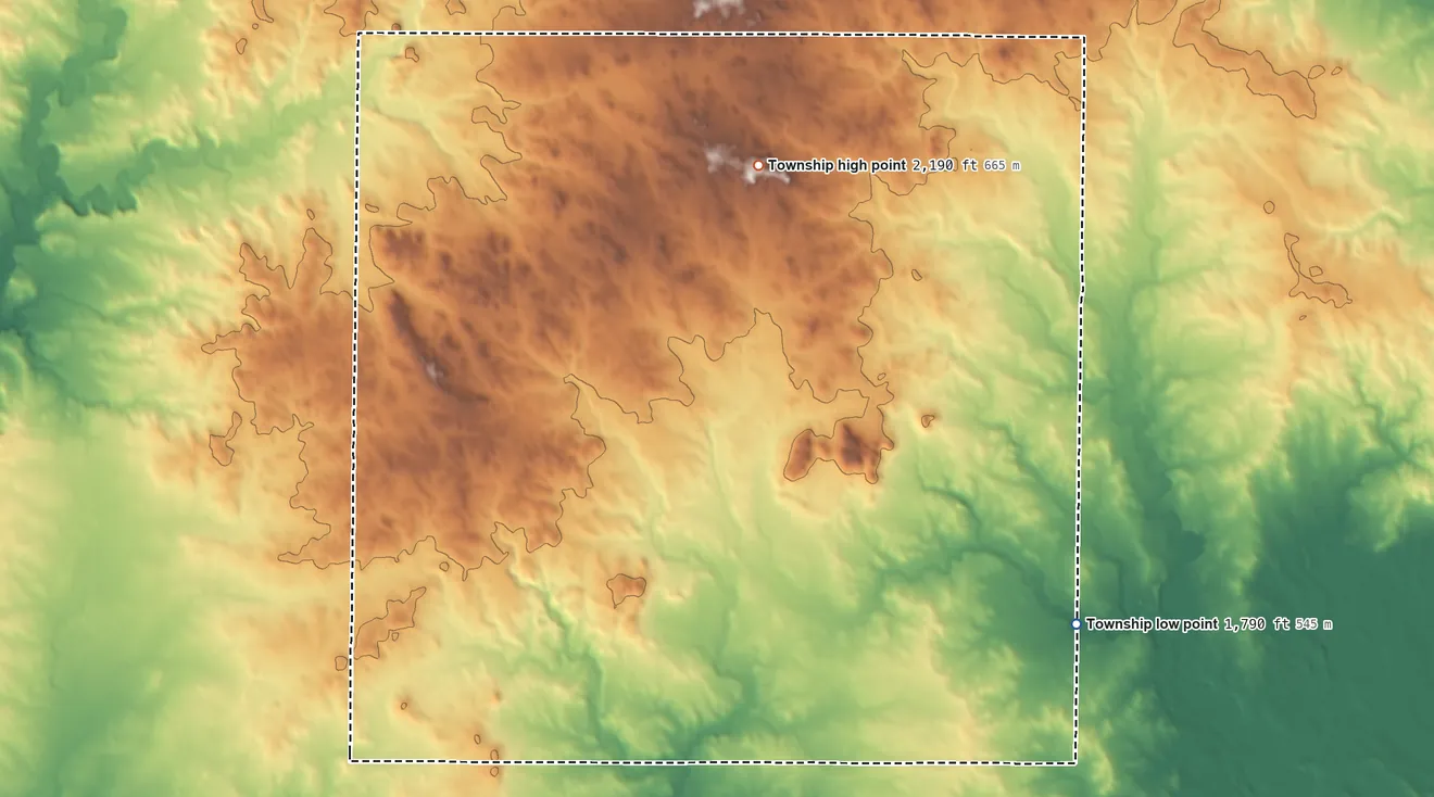 Topographic elevation map of Naughton Township, North Dakota, shaded from 1,790 ft on the southeast side to 2,190 ft on the northeast side