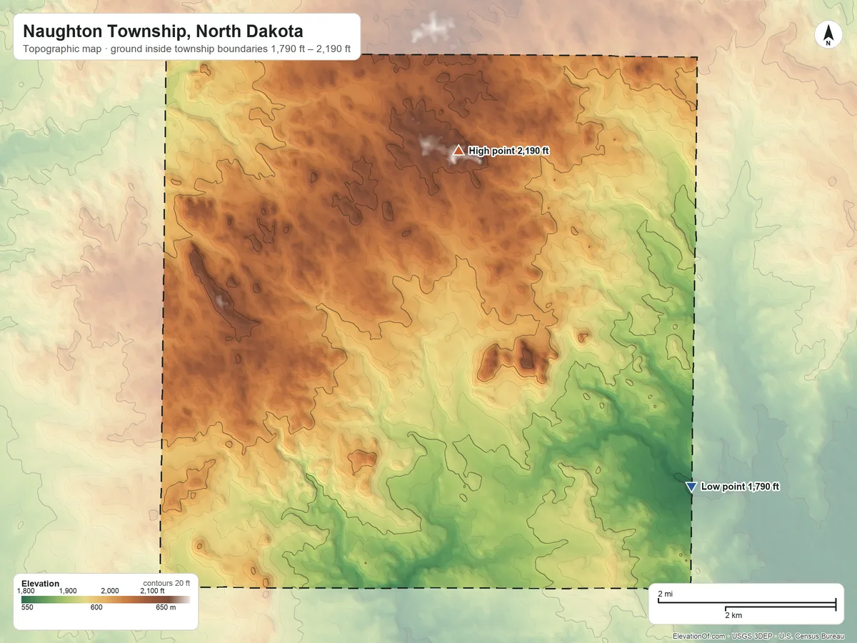 Topographic elevation map of Naughton Township, North Dakota, shaded from 1,790 ft on the southeast side to 2,190 ft on the northeast side