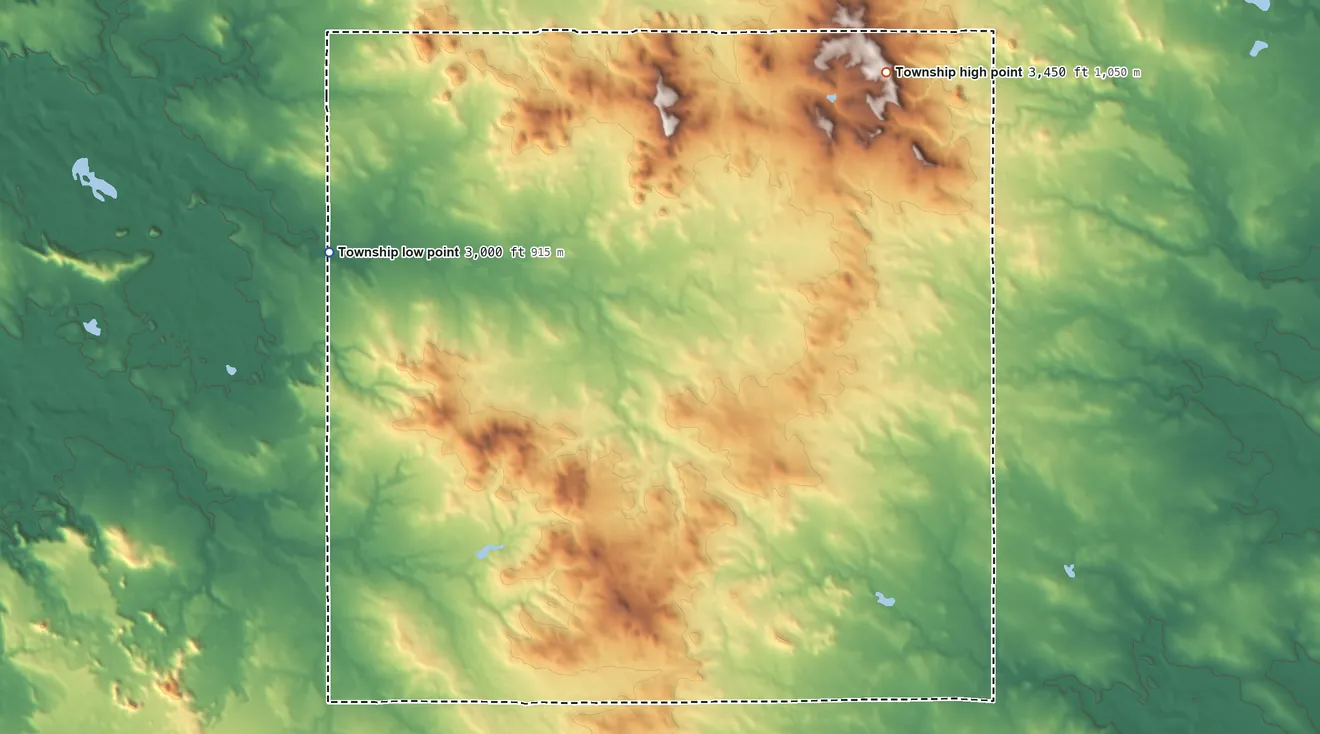 Topographic elevation map of Nebo Township, North Dakota, shaded from 3,000 ft on the northwest side to 3,450 ft on the northeast side