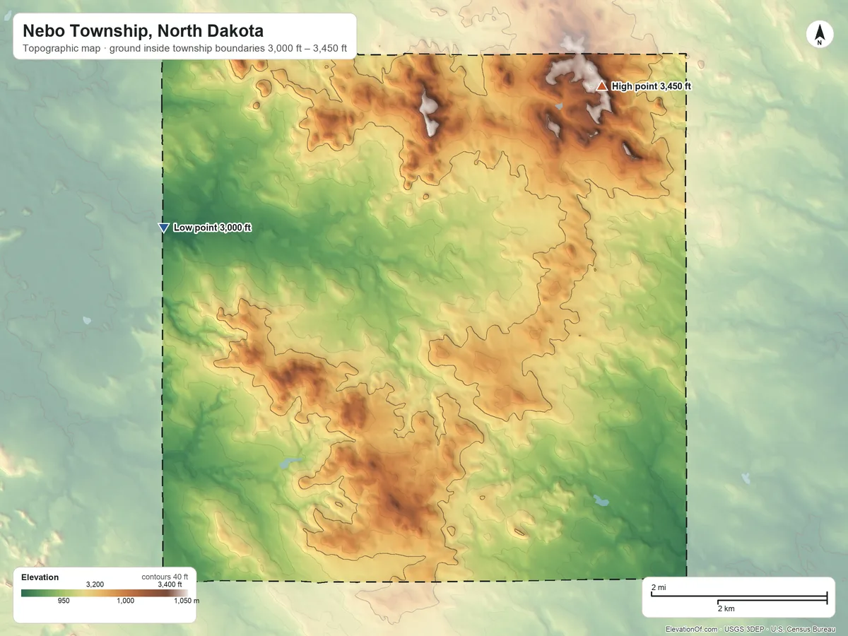 Topographic elevation map of Nebo Township, North Dakota, shaded from 3,000 ft on the northwest side to 3,450 ft on the northeast side