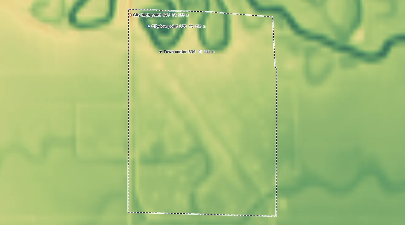 Topographic elevation map of Neche, North Dakota, shaded from 820 ft on the northwest side to 840 ft on the northwest side