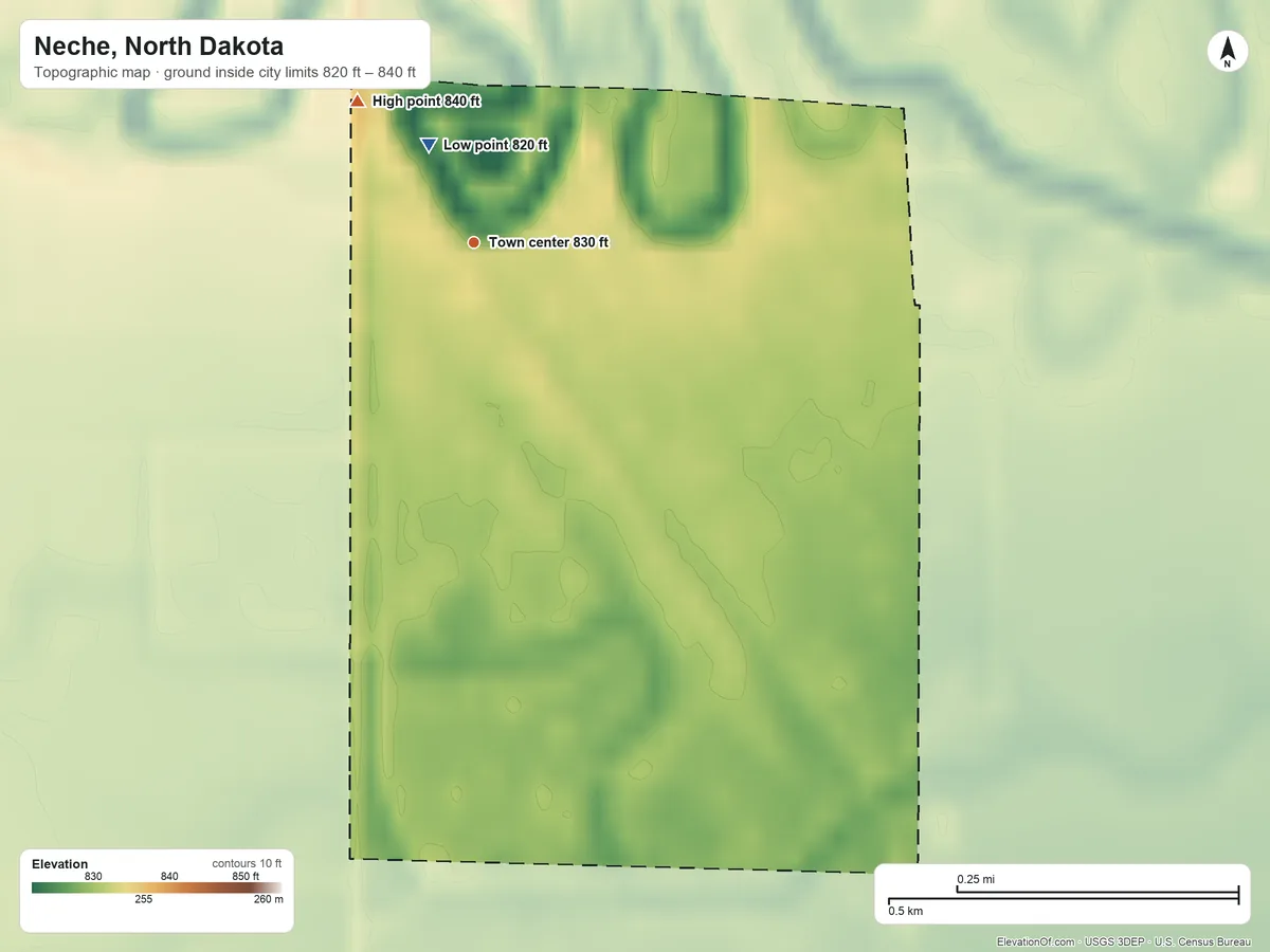 Topographic elevation map of Neche, North Dakota, shaded from 820 ft on the northwest side to 840 ft on the northwest side