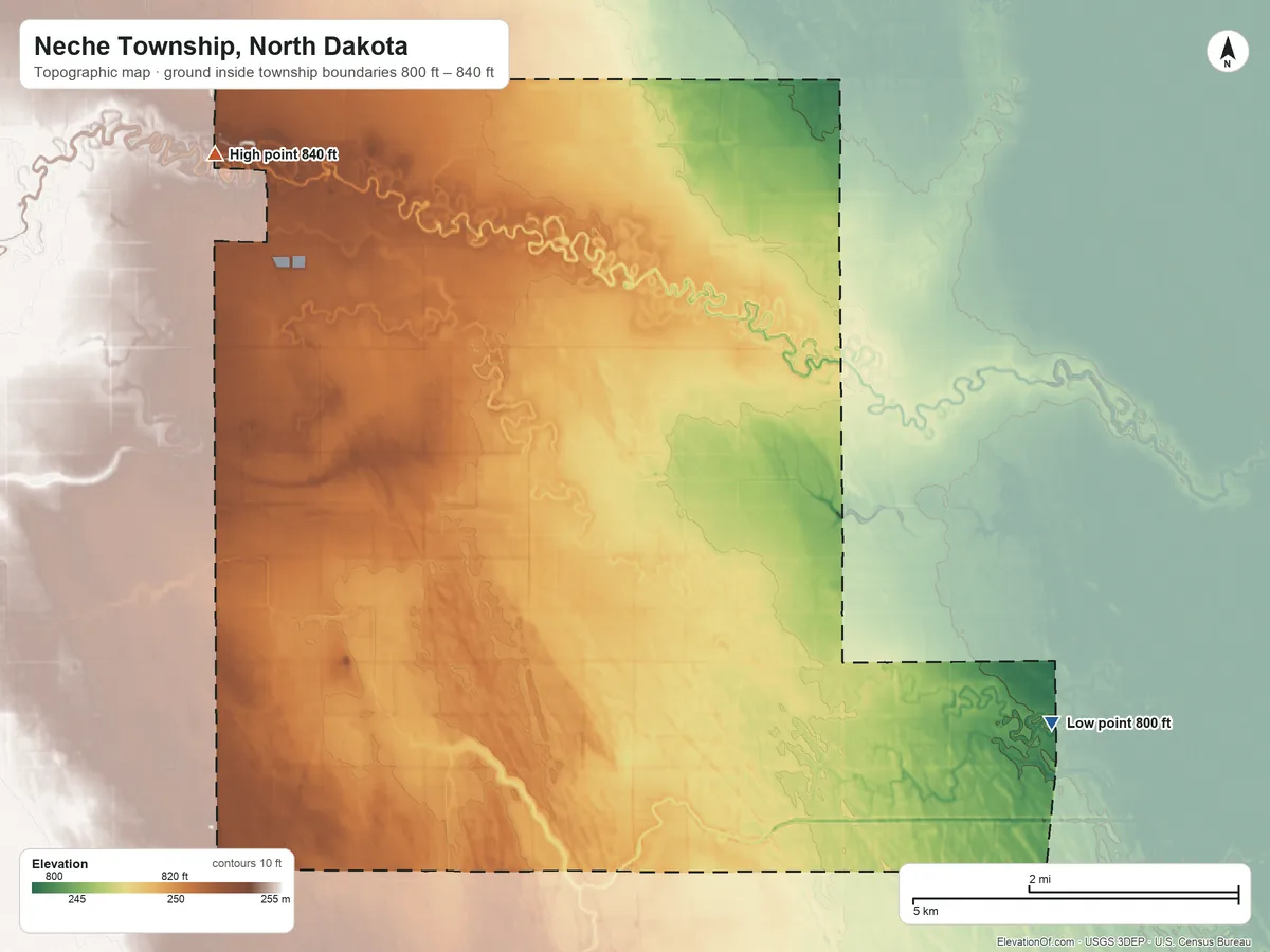 Topographic elevation map of Neche Township, North Dakota, shaded from 800 ft on the east side to 840 ft on the northwest side