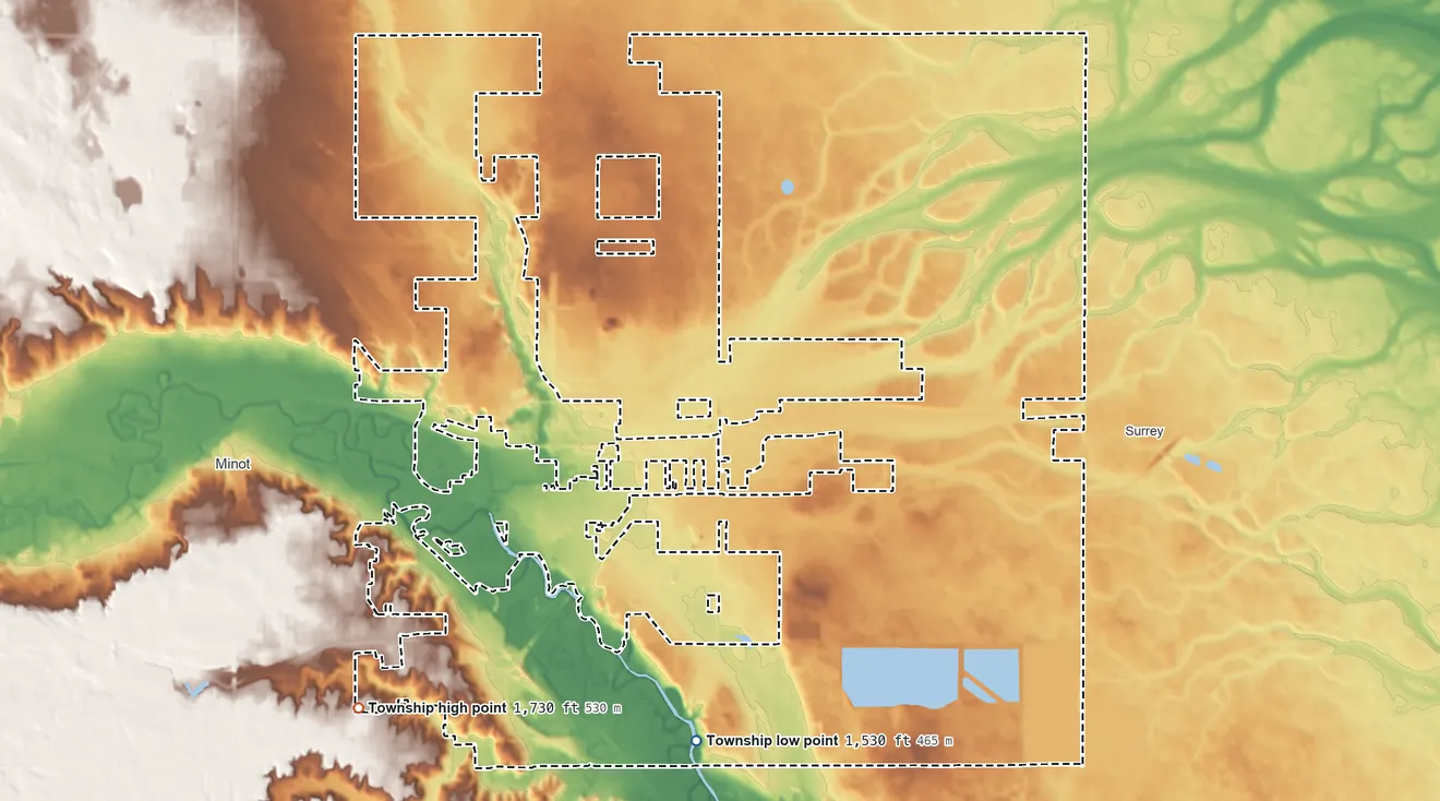 Topographic elevation map of Nedrose Township, North Dakota, shaded from 1,530 ft on the south side to 1,730 ft on the southwest side