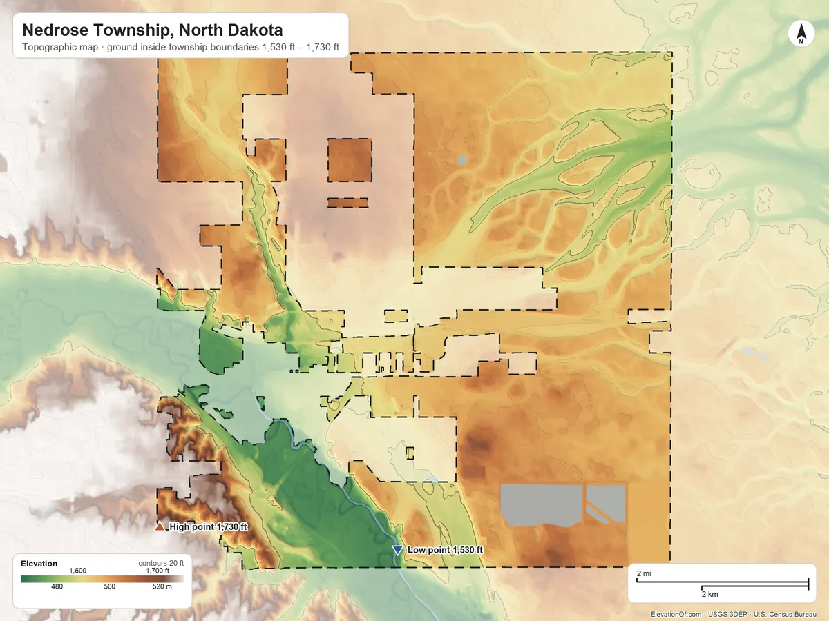 Topographic elevation map of Nedrose Township, North Dakota, shaded from 1,530 ft on the south side to 1,730 ft on the southwest side