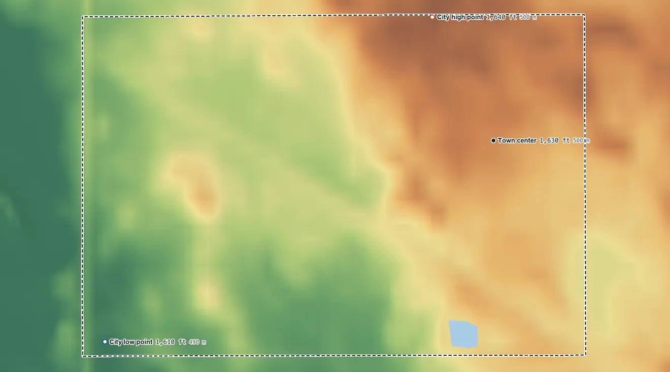 Topographic elevation map of Nekoma, North Dakota, shaded from 1,610 ft on the southwest side to 1,640 ft on the northwest side