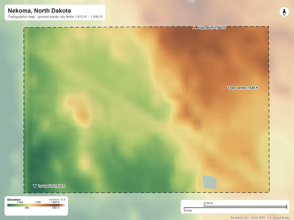 Topographic elevation map of Nekoma, North Dakota, shaded from 1,610 ft on the southwest side to 1,640 ft on the northwest side
