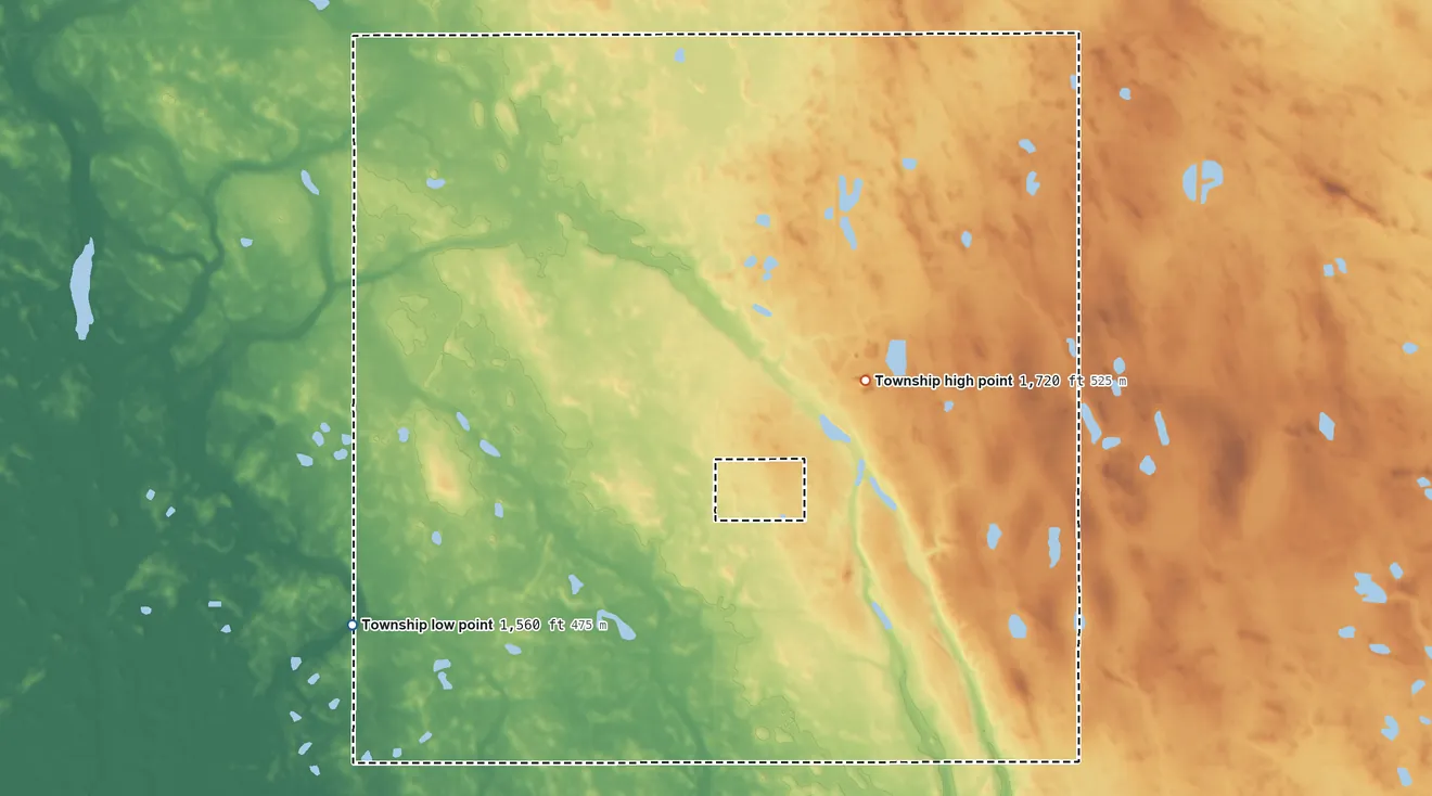 Topographic elevation map of Nekoma Township, North Dakota, shaded from 1,560 ft on the west side to 1,720 ft near the middle