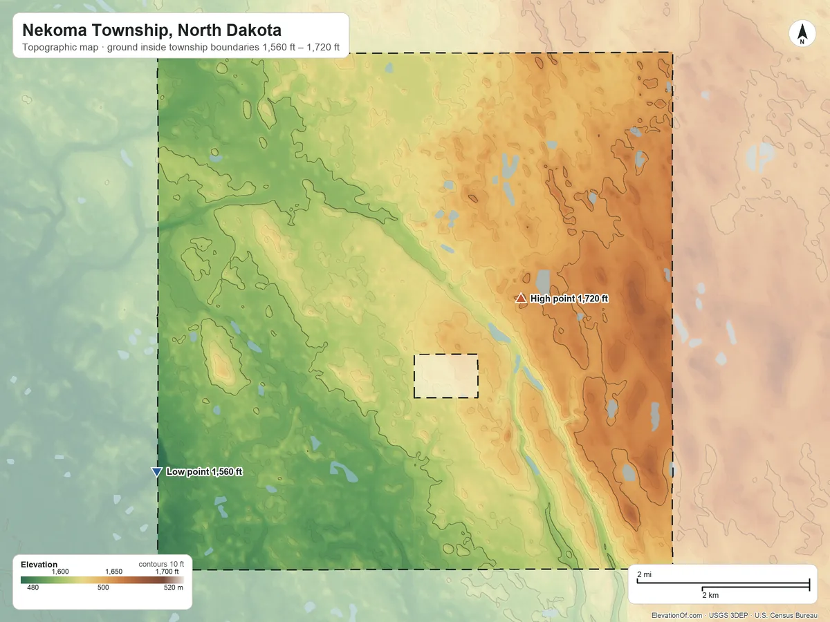 Topographic elevation map of Nekoma Township, North Dakota, shaded from 1,560 ft on the west side to 1,720 ft near the middle