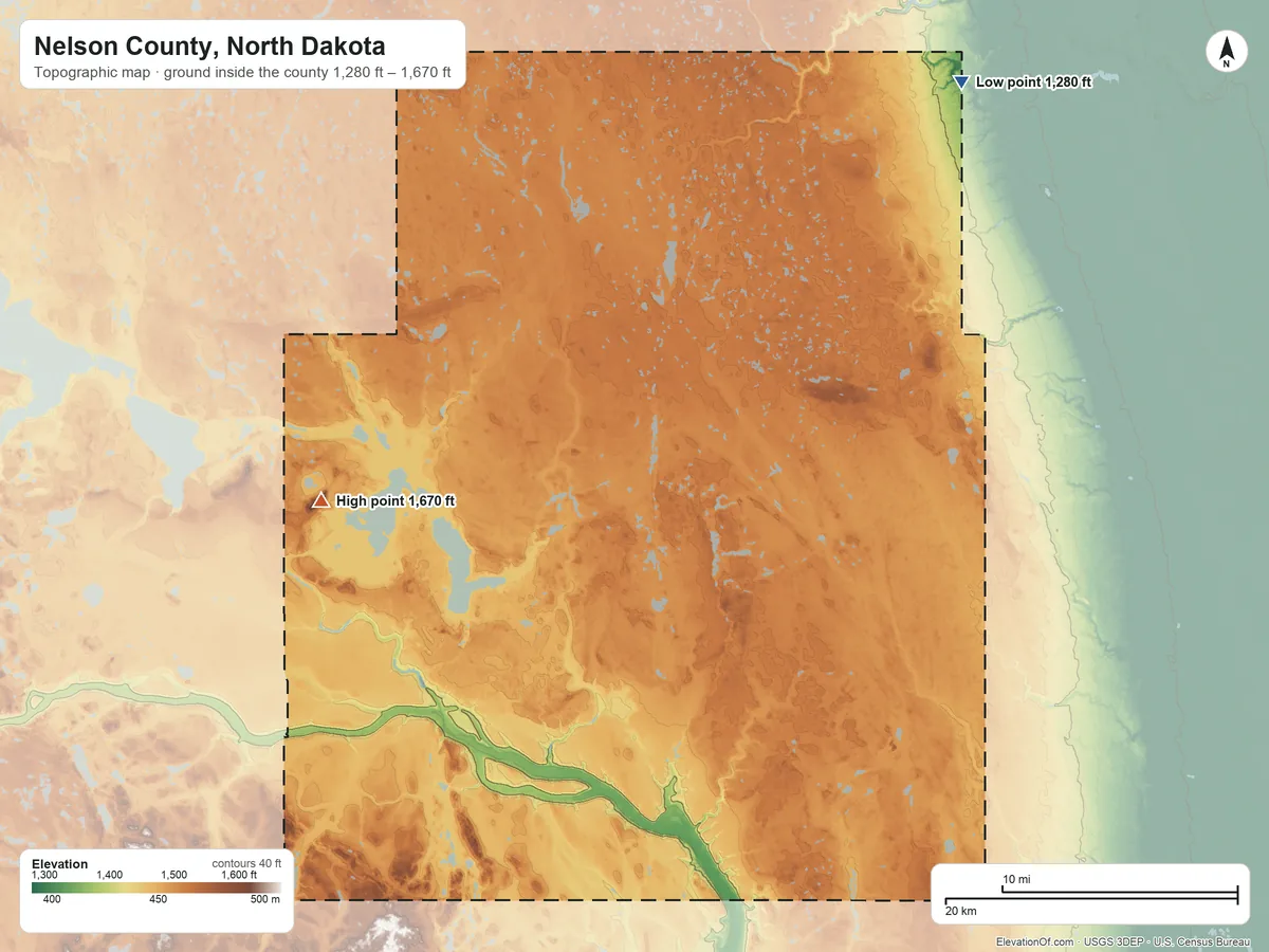 Topographic elevation map of Nelson County, North Dakota, shaded from 1,280 ft on the northeast side to 1,670 ft on Blue Mountain