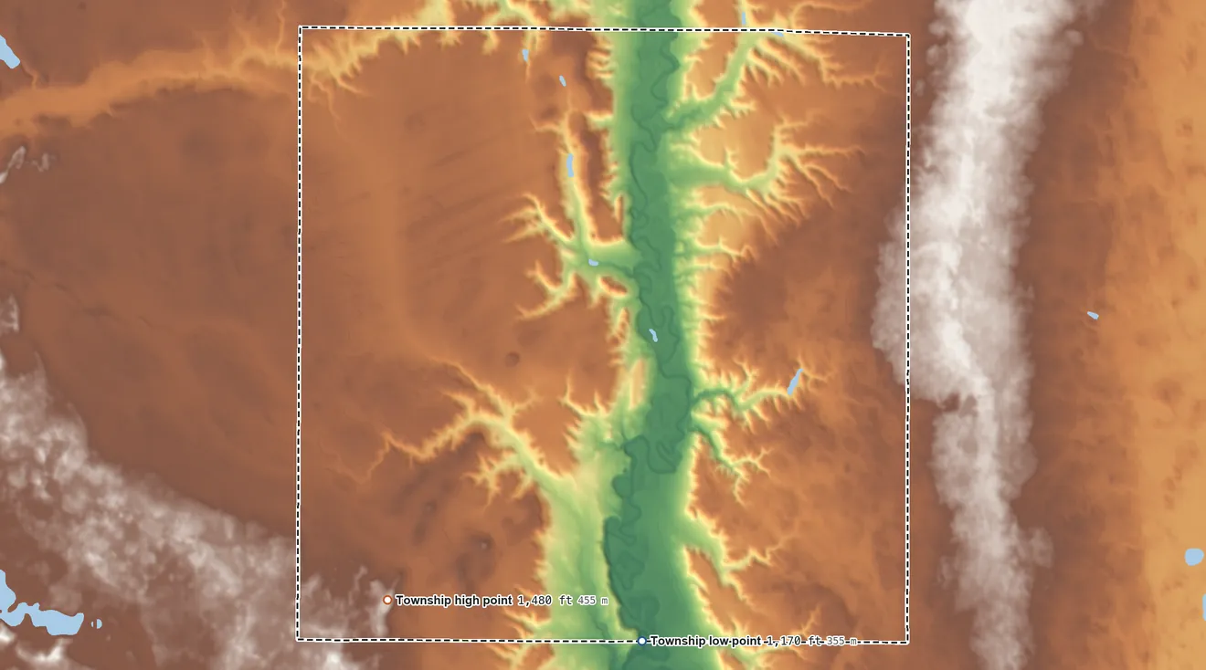 Topographic elevation map of Nelson Township, North Dakota, shaded from 1,170 ft on the south side to 1,480 ft on the west side