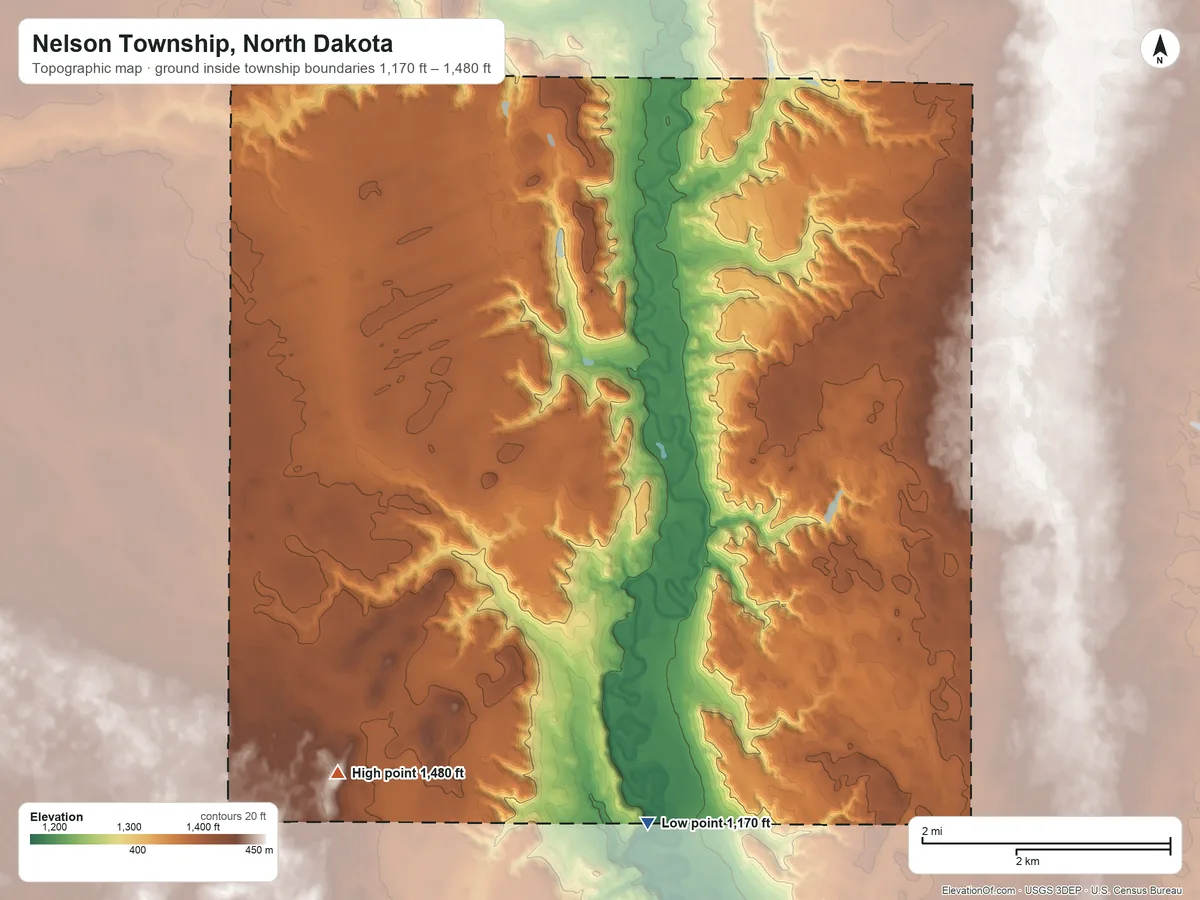 Topographic elevation map of Nelson Township, North Dakota, shaded from 1,170 ft on the south side to 1,480 ft on the west side