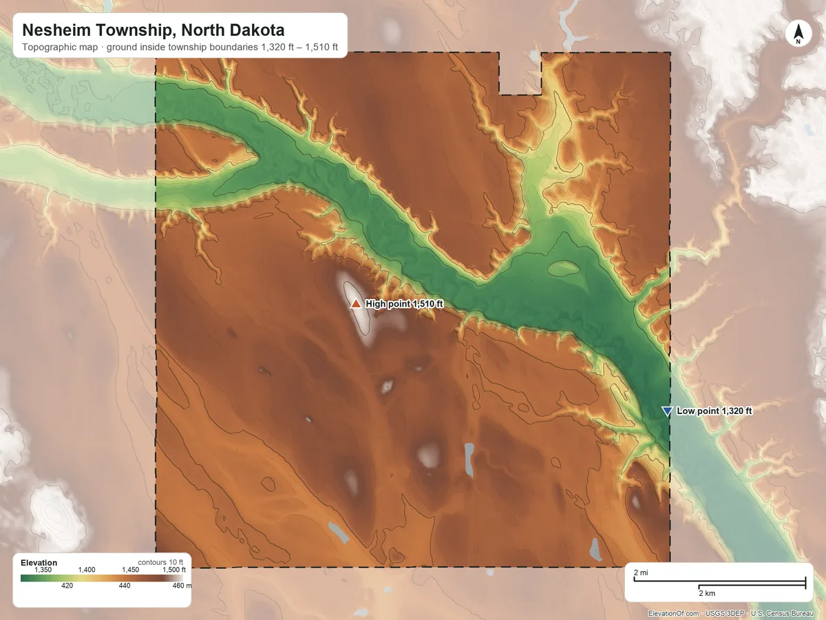 Topographic elevation map of Nesheim Township, North Dakota, shaded from 1,320 ft on the southeast side to 1,510 ft on the southwest side
