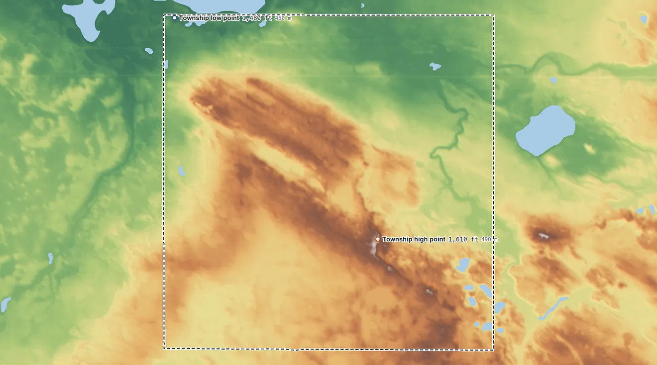 Topographic elevation map of Ness Township, North Dakota, shaded from 1,480 ft on the northwest side to 1,610 ft on the south side