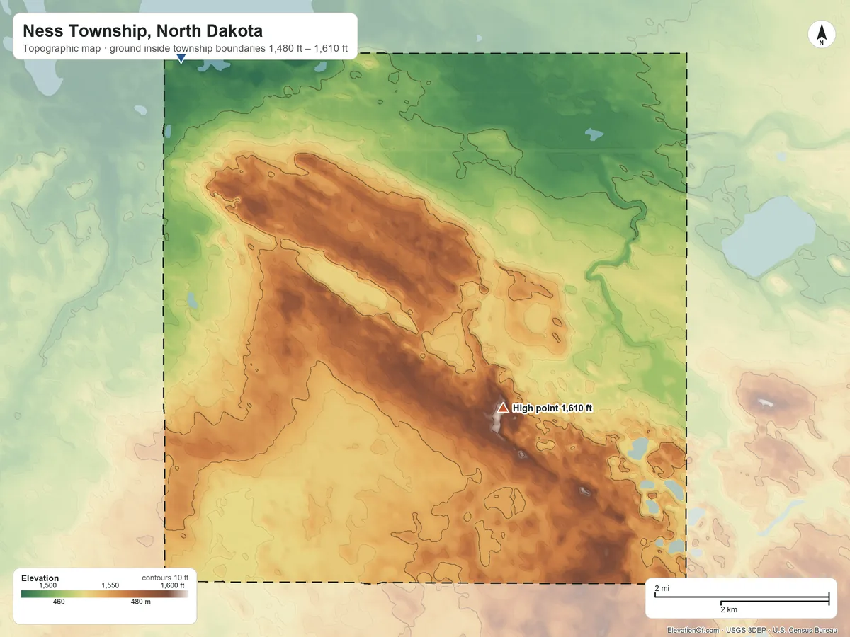 Topographic elevation map of Ness Township, North Dakota, shaded from 1,480 ft on the northwest side to 1,610 ft on the south side
