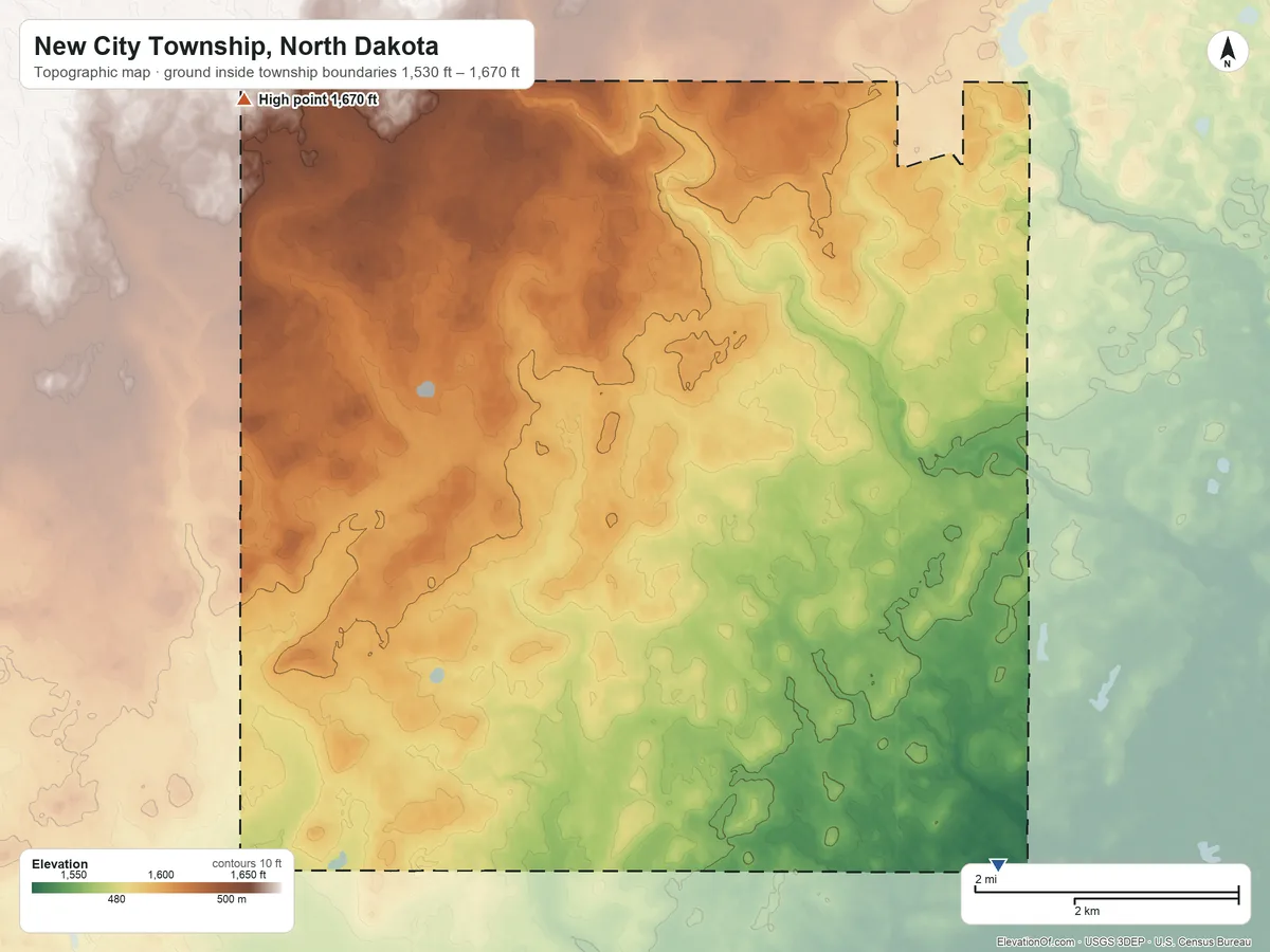 Topographic elevation map of New City Township, North Dakota, shaded from 1,530 ft on the southeast side to 1,670 ft on the west side