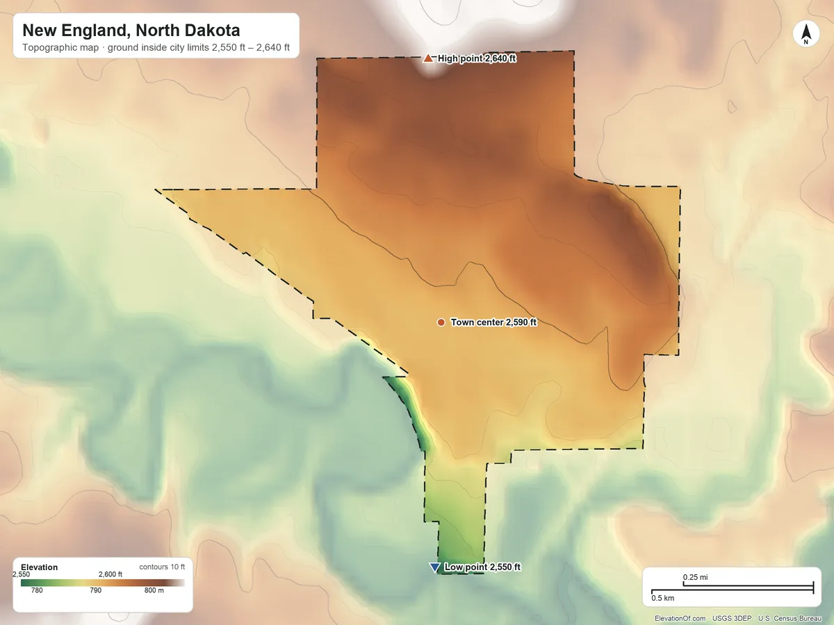 Topographic elevation map of New England, North Dakota, shaded from 2,550 ft on the south side to 2,640 ft on the north side