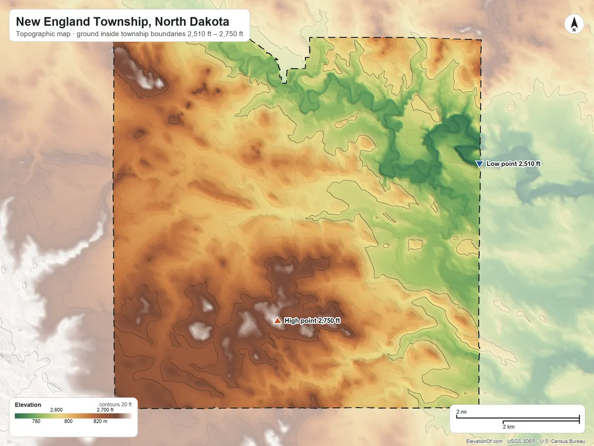 Topographic elevation map of New England Township, North Dakota, shaded from 2,510 ft on the east side to 2,750 ft on the south side