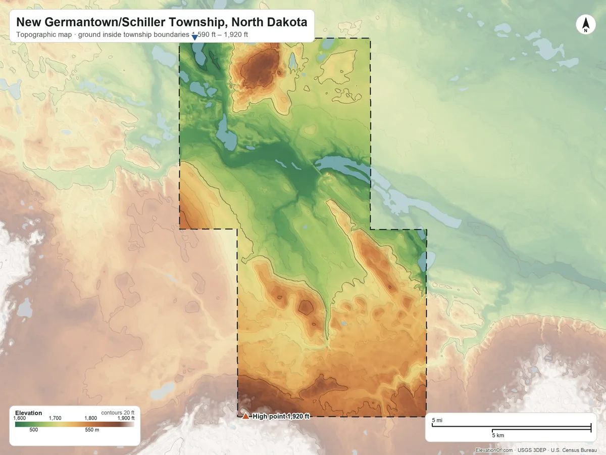 Topographic elevation map of New Germantown/Schiller Township, North Dakota, shaded from 1,590 ft on the northwest side to 1,920 ft on the southwest side