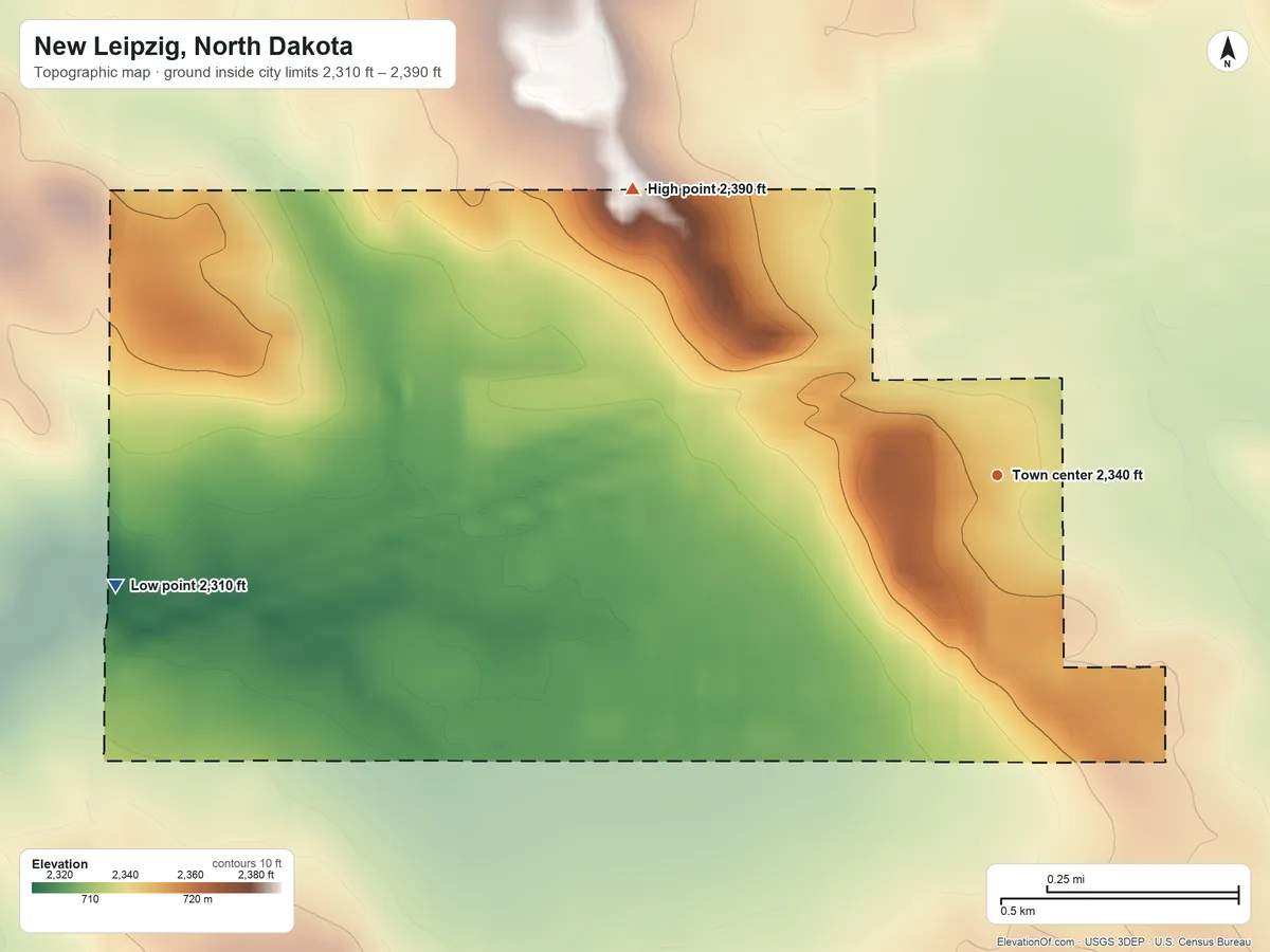 Topographic elevation map of New Leipzig, North Dakota, shaded from 2,310 ft on the west side to 2,390 ft on the northwest side