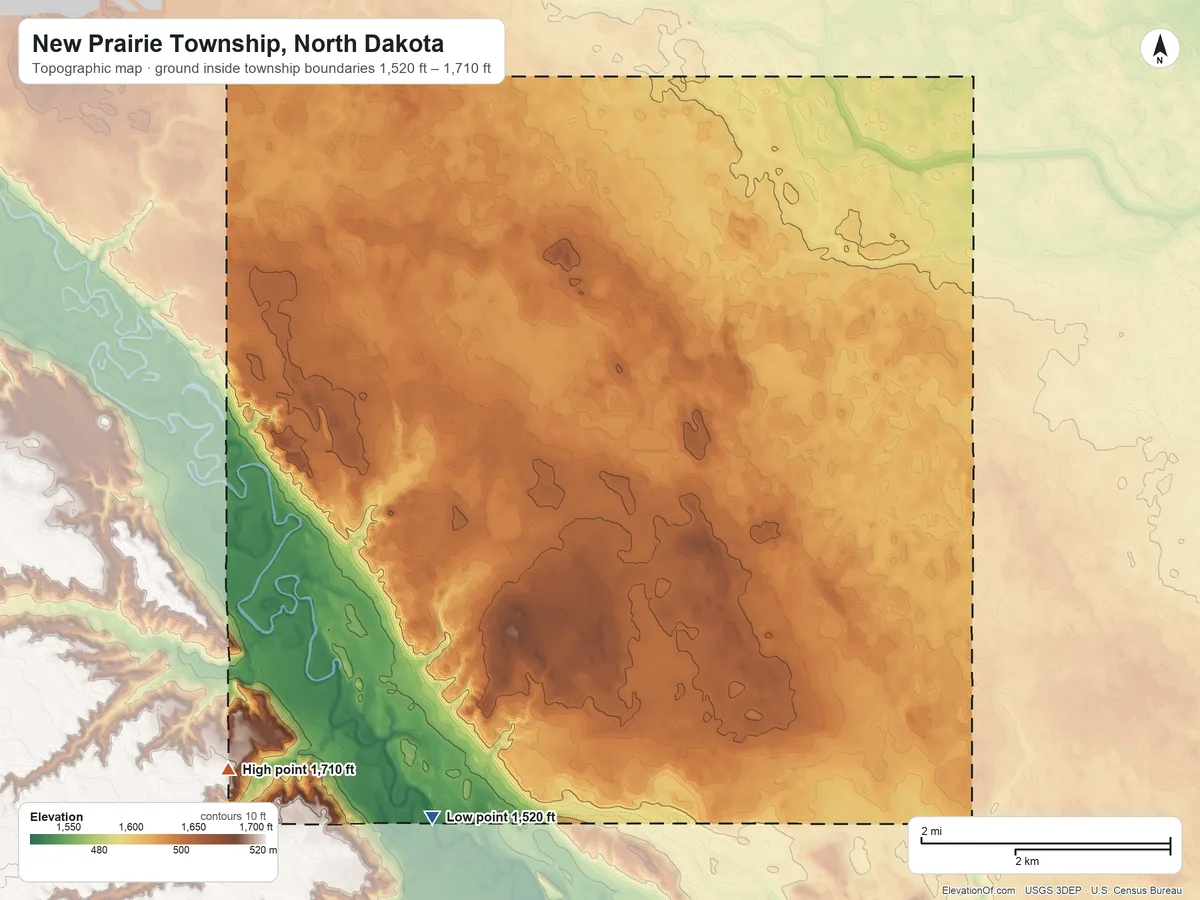 Topographic elevation map of New Prairie Township, North Dakota, shaded from 1,520 ft on the south side to 1,710 ft on the southwest side