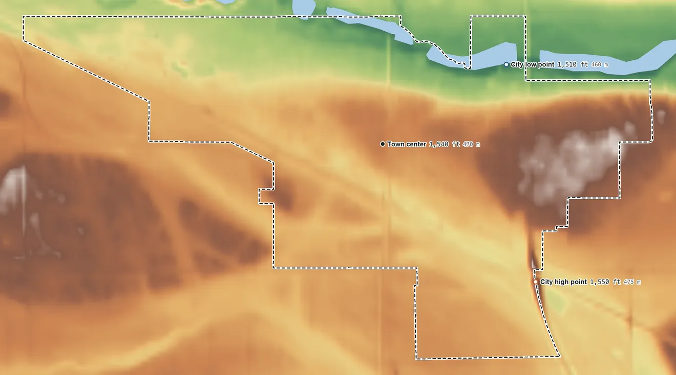 Topographic elevation map of New Rockford, North Dakota, shaded from 1,510 ft on the northeast side to 1,550 ft on the southeast side