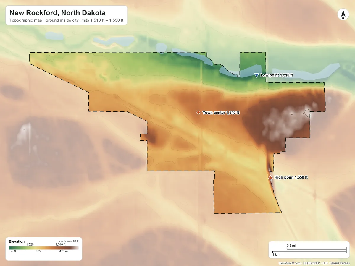 Topographic elevation map of New Rockford, North Dakota, shaded from 1,510 ft on the northeast side to 1,550 ft on the southeast side