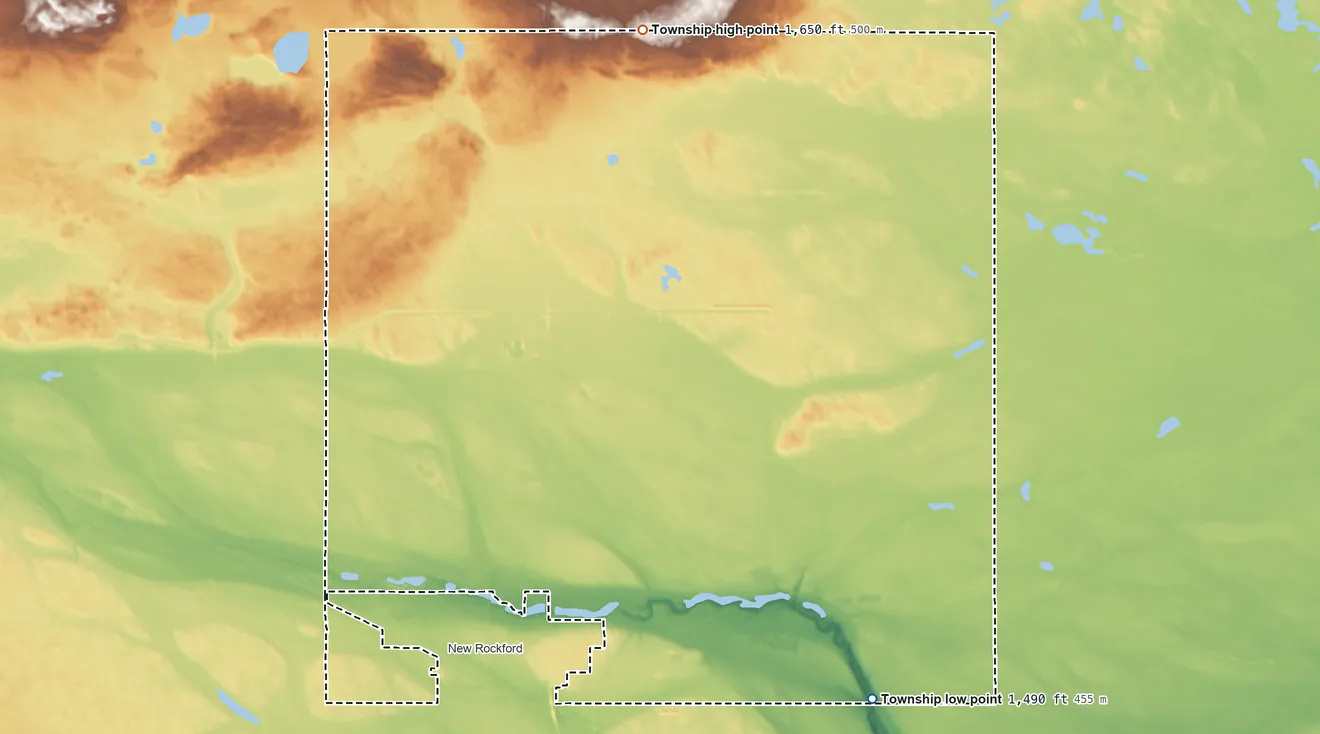 Topographic elevation map of New Rockford Township, North Dakota, shaded from 1,490 ft on the southeast side to 1,650 ft on the north side