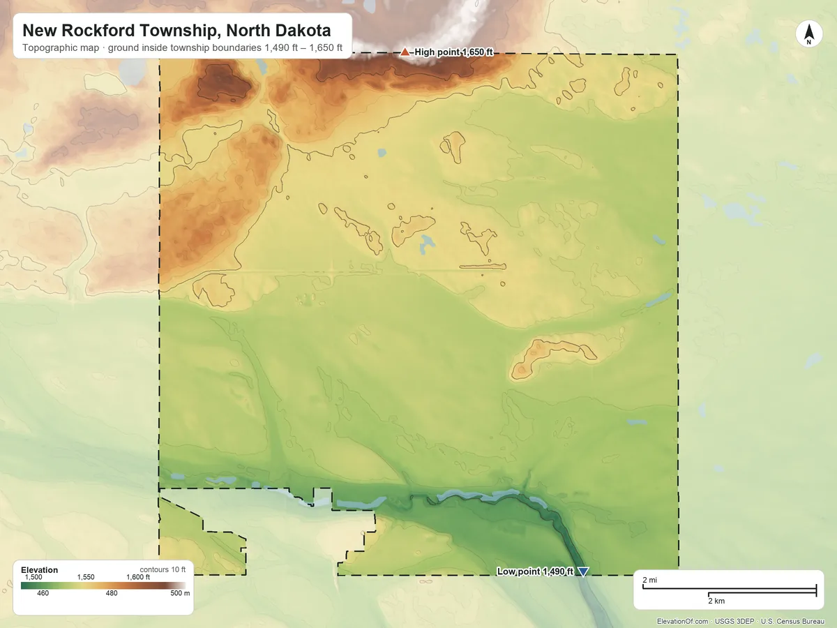 Topographic elevation map of New Rockford Township, North Dakota, shaded from 1,490 ft on the southeast side to 1,650 ft on the north side