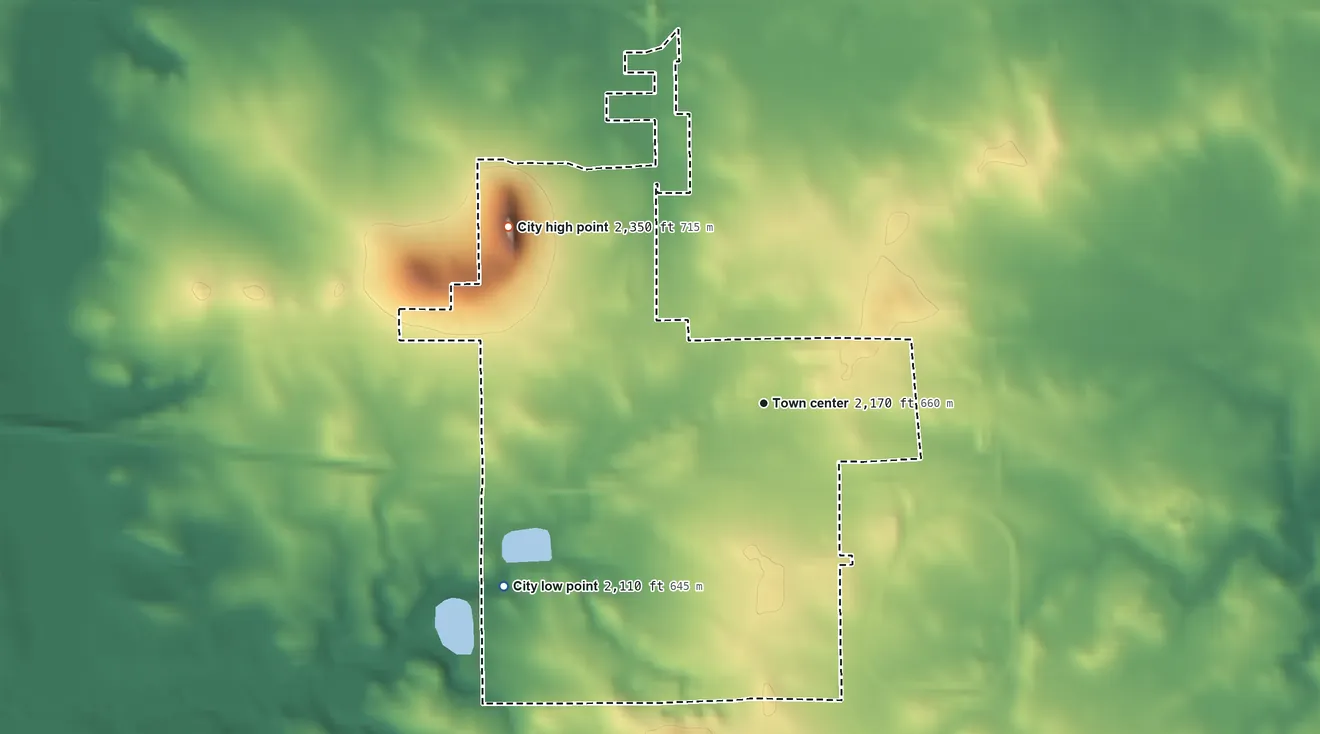 Topographic elevation map of New Salem, North Dakota, shaded from 2,110 ft on the southwest side to 2,353 ft on School Hill