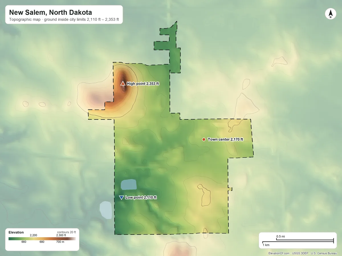 Topographic elevation map of New Salem, North Dakota, shaded from 2,110 ft on the southwest side to 2,353 ft on School Hill