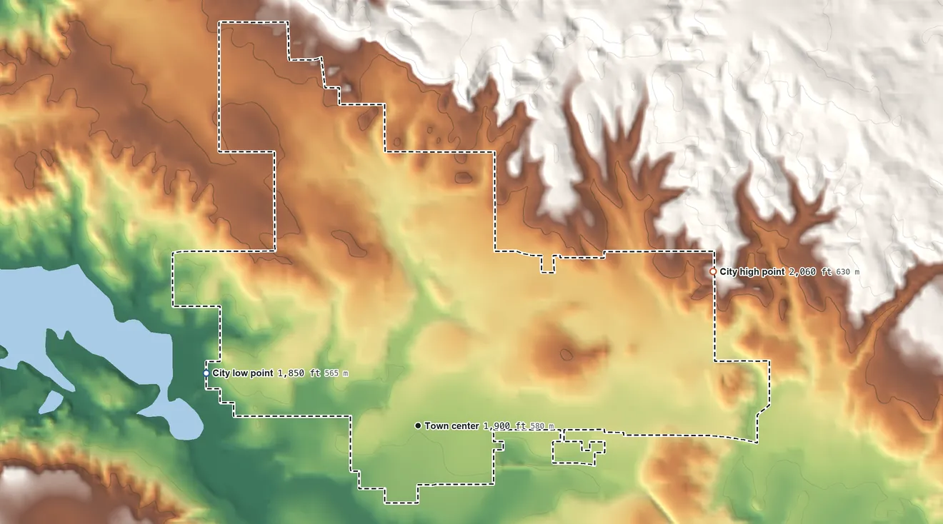 Topographic elevation map of New Town, North Dakota, shaded from 1,850 ft on the west side to 2,060 ft on the northeast side