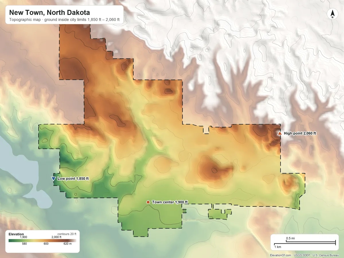 Topographic elevation map of New Town, North Dakota, shaded from 1,850 ft on the west side to 2,060 ft on the northeast side