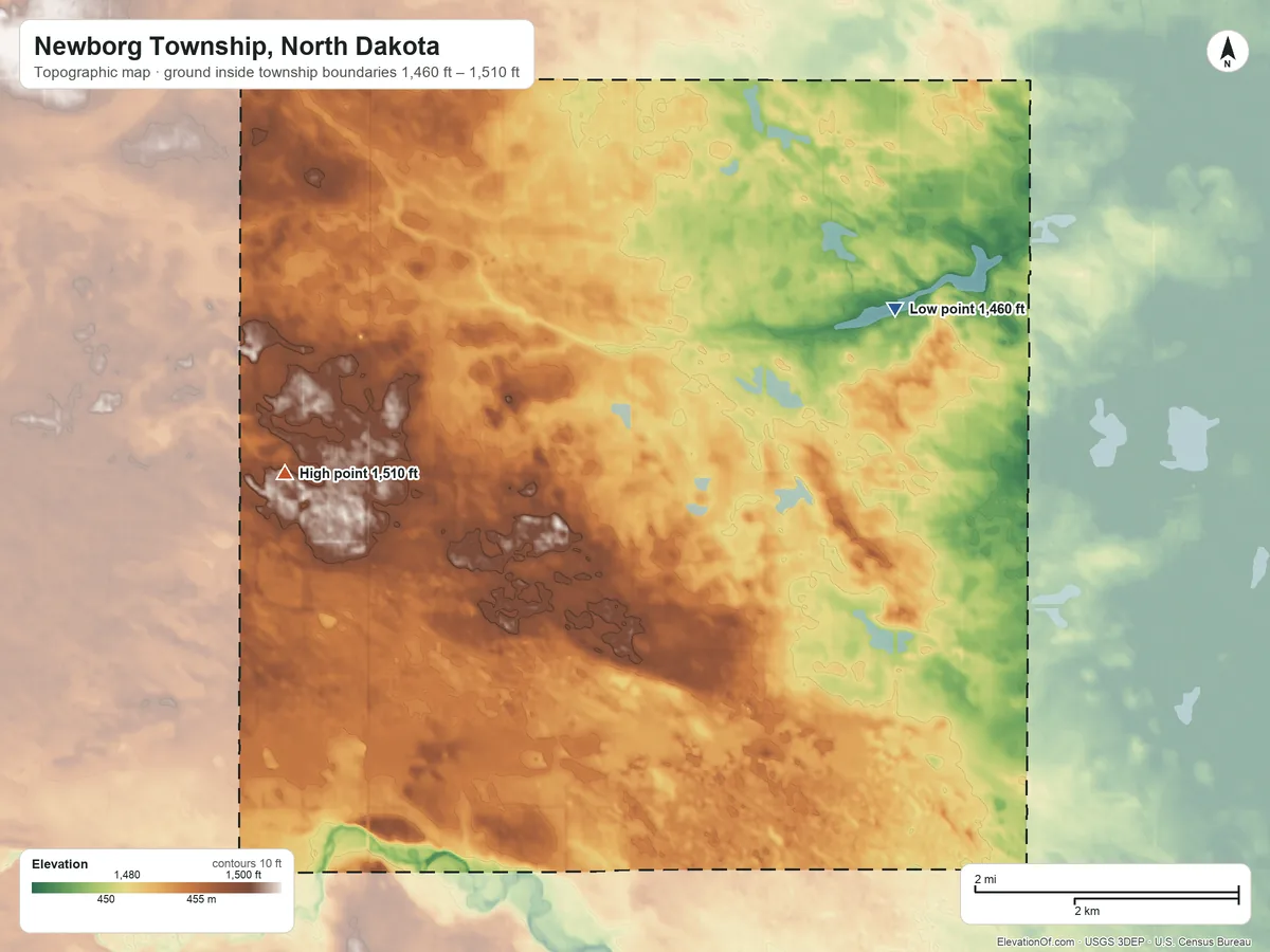 Topographic elevation map of Newborg Township, North Dakota, shaded from 1,460 ft on the east side to 1,510 ft on the southwest side
