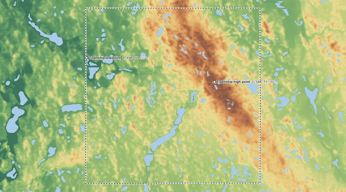 Topographic elevation map of Newbre Township, North Dakota, shaded from 1,490 ft on the west side to 1,580 ft on the south side