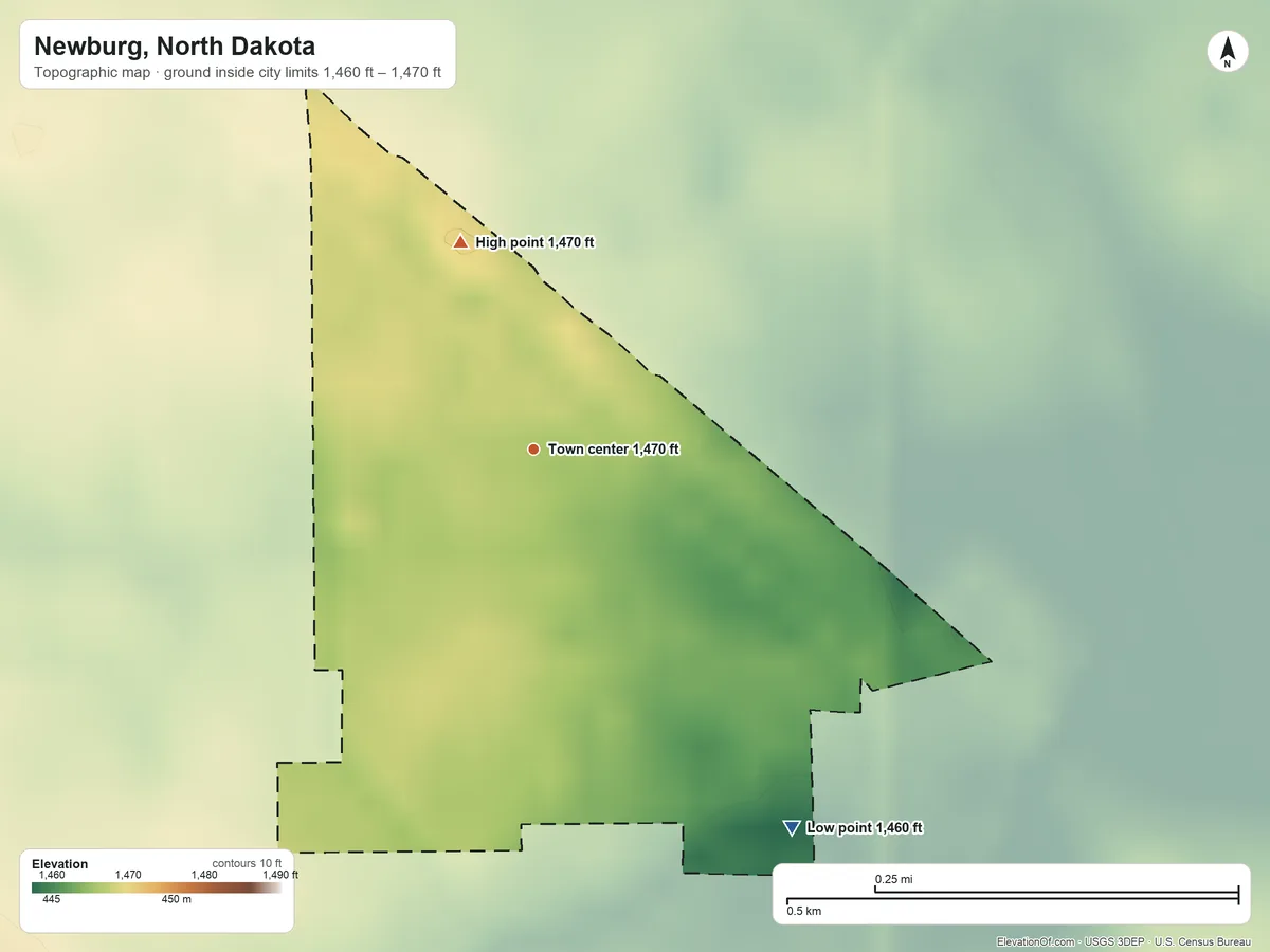 Topographic elevation map of Newburg, North Dakota, shaded from 1,460 ft on the southeast side to 1,470 ft on the north side